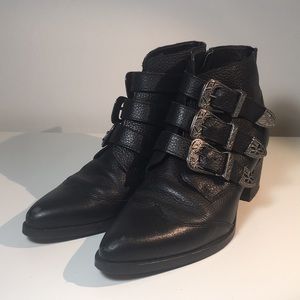 Black leather buckle booties